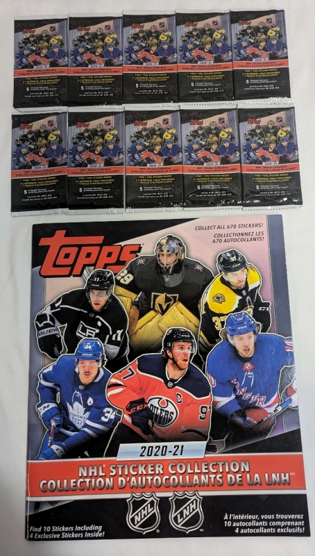 2020-21 - Topps - NHL Hockey Sticker Collection Book + Stickers - 1 Book - 10 Sticker Packs - 5 Stickers per Pack