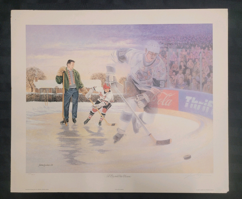 " A Boy and His Dream " by Canadian Artist James Lumbers Numbered & Signed Print , #6097/9999 . Minor wear on Edge of print . Measures 25.5"×21.5"