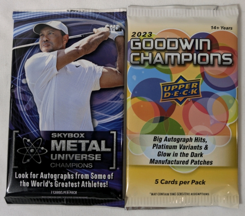 NEW Tim Hortons NHL Collectible Sticks 37 Hellebuyck, Tim Hortons NHL Collectible Sticks 34 Matthews, 2023 Upper Deck Goodwin Champions Golf Cards & Skybox Metal Universe Champions Golf Cards Lot