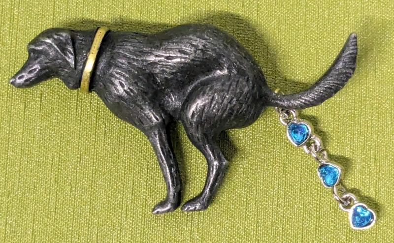 Funny Pewter "Pooping Pooch" Brooch w Trailing Rhinestone Danglers | 2" x 1.5" Long