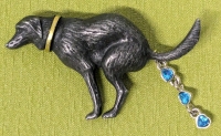 Funny Pewter "Pooping Pooch" Brooch w Trailing Rhinestone Danglers | 2" x 1.5" Long