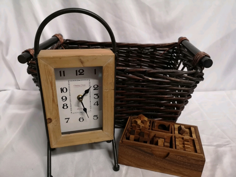 Home Decor Lot - Table Clock Working, Wicker Basket + Wooden Puzzle Game