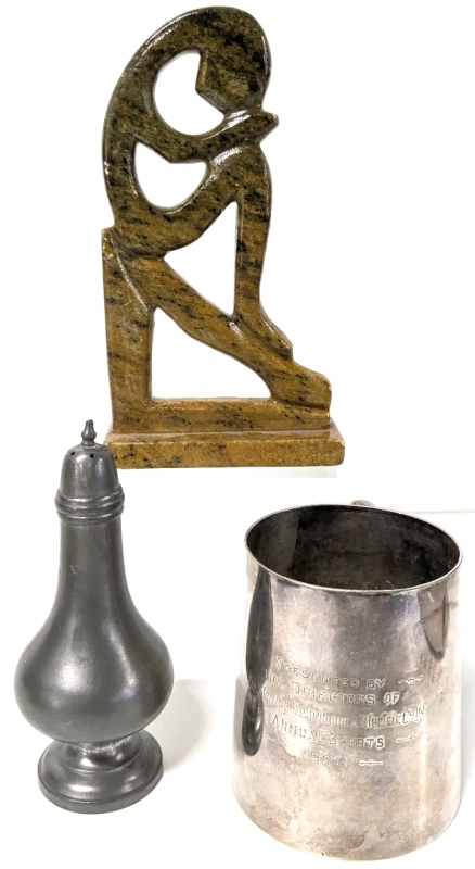 Antique 1920 Alexr.Clark &frac12; Pint EPNS A1 2039 Cup, Wallace P1060 Pewter Shaker & "Thinker" Statuete in Presumed Marble (6.75" Tall)