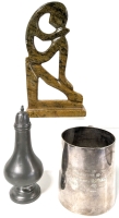 Antique 1920 Alexr.Clark &frac12; Pint EPNS A1 2039 Cup, Wallace P1060 Pewter Shaker & "Thinker" Statuete in Presumed Marble (6.75" Tall)
