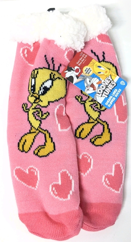 New LOONEY TUNES Tweety Bird "Good Vibes" Adult-Sized Sherpa Lined Slipper Socks w Gripper Soles | One Size Fits Most