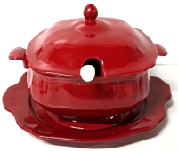 Signed Speckled Red Ceramic Soup Tureen w Lid, Ladle & Bottom Plate | Plate Measures 12.25" x 11"