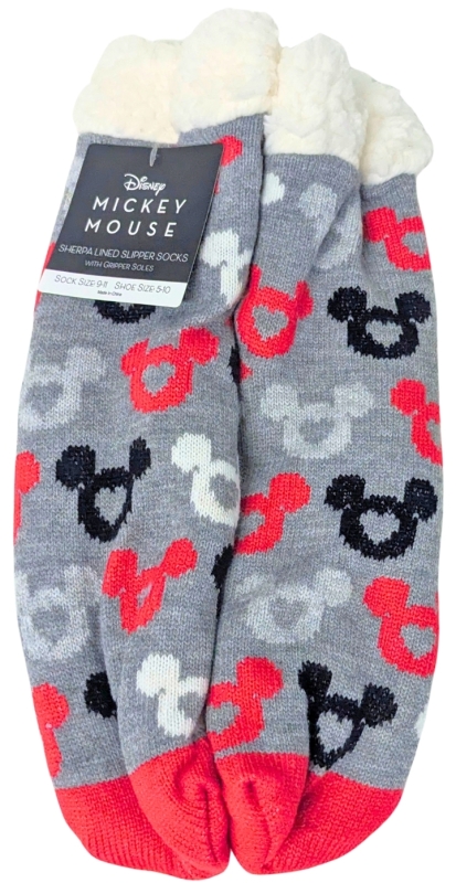 New Disney MICKEY MOUSE Adult Sherpa Lined Slipper Socks w Gripper Soles | One Size Fits Most
