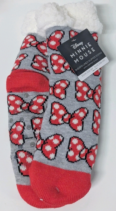 New Disney MINNIE MOUSE Adult Sherpa Lined Slipper Socks w Gripper Soles | One Size Fits Most