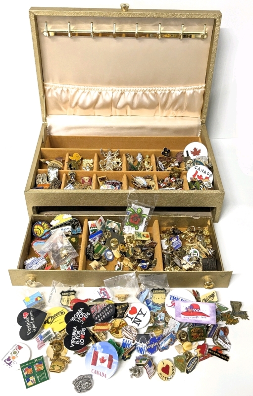 Huge USA & Canada Souvenir Pin Lot in Vintage Jewelry Box | Hundreds of Pins! Box Measures 12.5" x 8" x 3.5" Tall