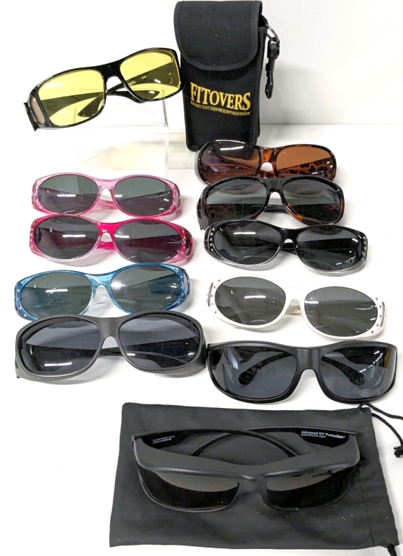 10 Pairs Polarized Sunglasses incl SolarShield + Fitovers Yellow Night Driving Glasses which fit over Prescription Glasses