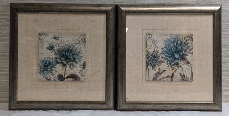 Two Blue Botanical Prints in Frames - Approx. 13.5" x 13.5"