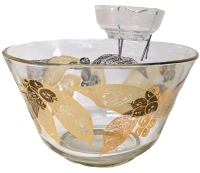 Mid Century Modern Gold Leaf & Berries Chip Bowl w Hanging Frosted Dip Bowl | Larger 10.5" Diameter