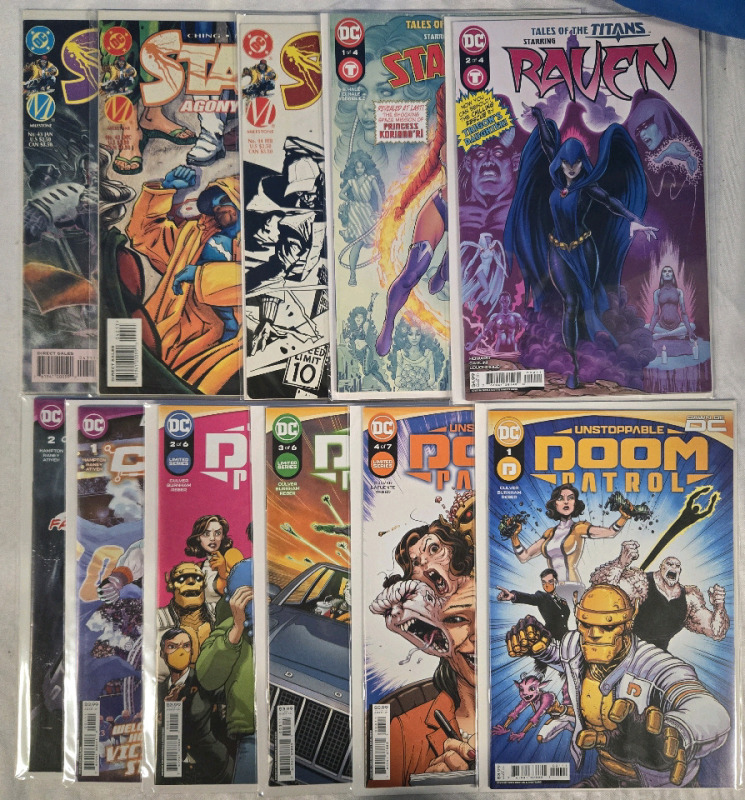 11 New Bagged & Boarded Paperback | Assorted DC Comic Books | ( 4 ) Unstoppable Doom Patrol #1 - #4 | ( 3 ) Static: Agony Of Defeat, Static Frieda: Friend Or Foe, Static: Forget What You Heard | ( 2 ) Dawn Of DC Cyborg # 1 - #2 | ( 2 ) Tales Of The Titans