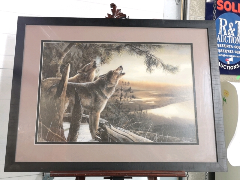 1995 Framed Signed Print Wolves 40.25" W & 30.25" H by Kevin Daniel
