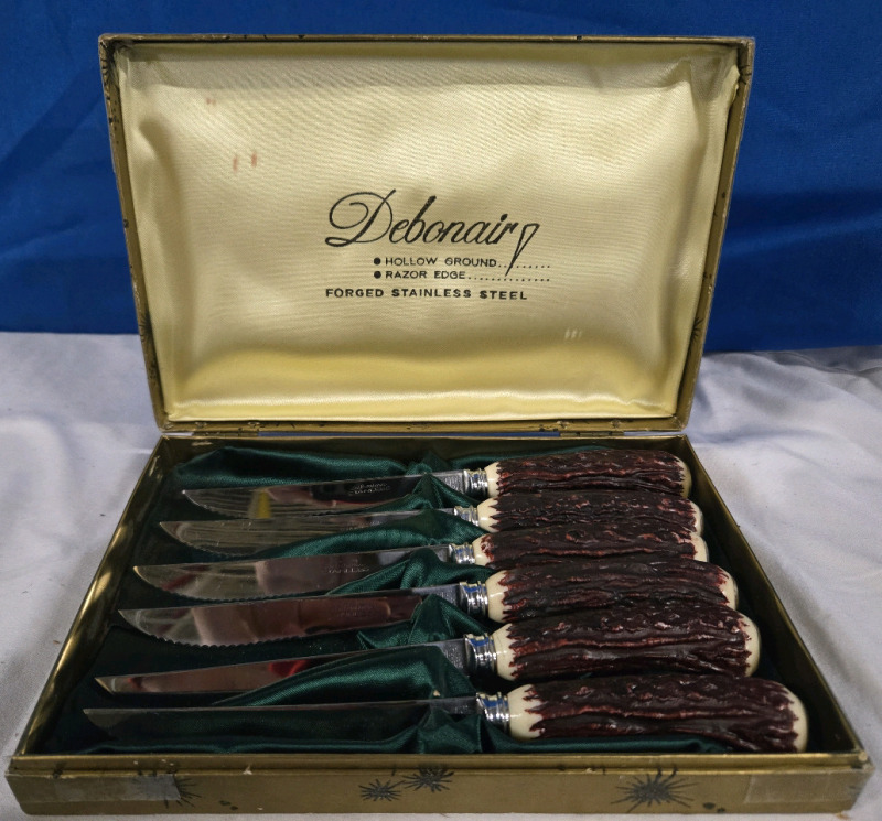 6pcs Vintage | Debonair Forged Stainless Steel Razor Edge Steak Knives / Carving Set W/ Potentially Real Bone Handle | Hollow Ground, Made In Japan