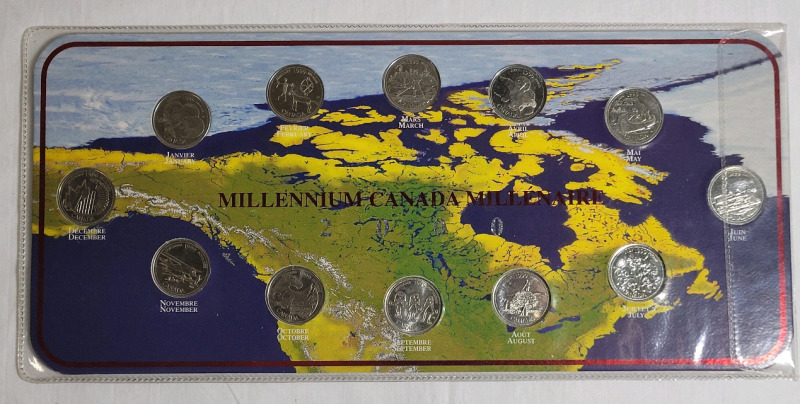 1999 Canadian Millennium Month Quarter Coin Set on Plaque . 12 Coins