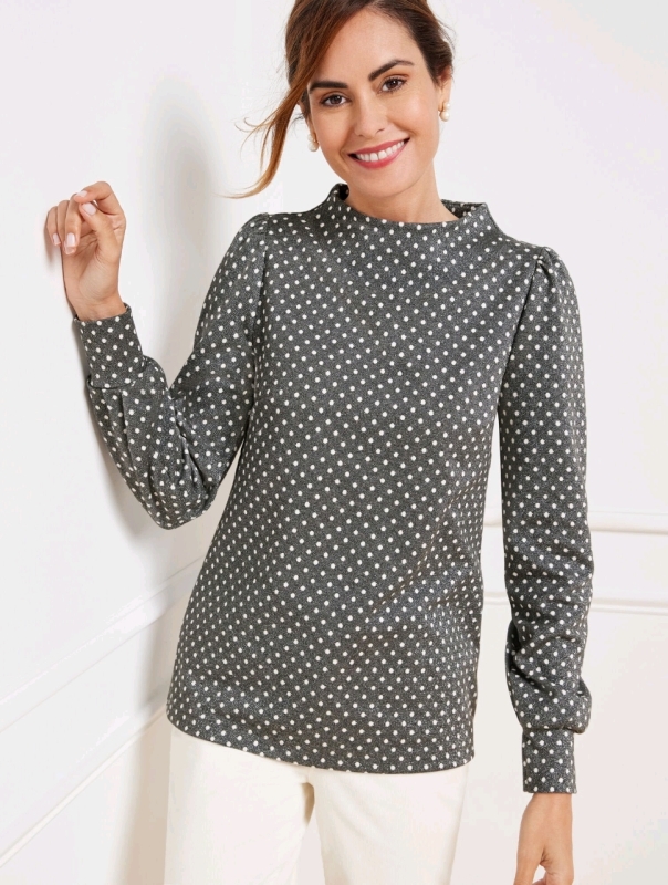 New TALBOTS Long Sleeve Funnel Neck Sparkle Dot Jacquard Top (Size Large)