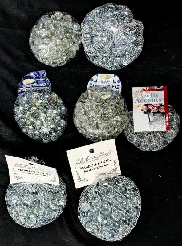 7 New Bags Clear Glass Marbles & Clear "Luster Gems" - Some with Iridescent Washes | About 0.75" Across ea