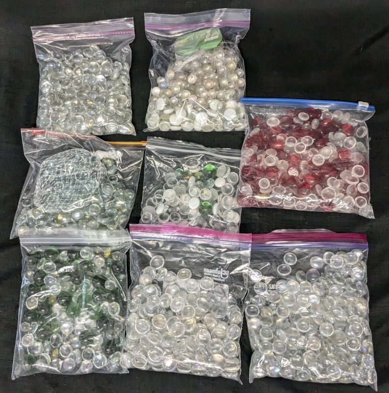 8 Bags of Clear, White, Green, Bluish, Red & Clear Glass Marble / Stones w Flat Bottoms | Stones About 0.75" Across