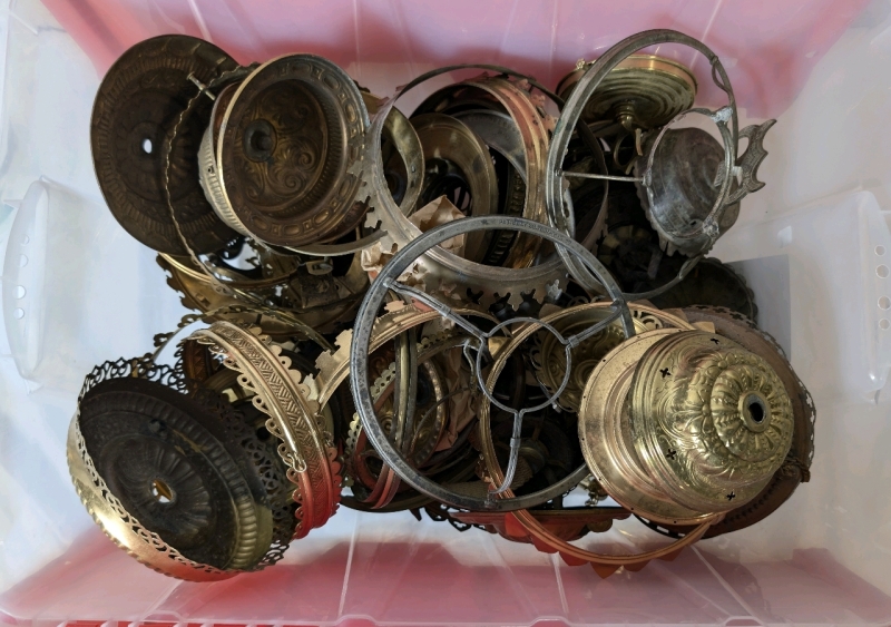 Vintage Lot Of Brass And Metal Lamp Accessories Container Included