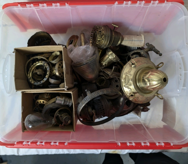 Vintage Lot Of Brass And Metal Lamp Accessories Container Included