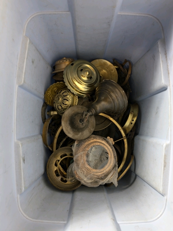 Vintage Lot Of Brass And Metal Lamp Accessories Container Included