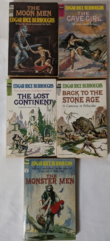 Lot of 5 Edgar Rice Burroughs Ace Science Fiction Classics The Moon Men, The Lost Continent, The Monster Men, Back To The Stone Age and The Cave Girl