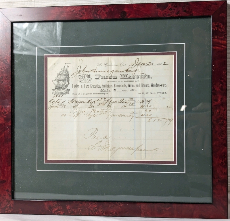 Antique 1882 Framed Frank Maguire Shipping Receipt St. Catharines