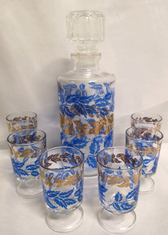 Luminarc "BLUE / GOLD LEAVES" France Decanter and Cordial Set