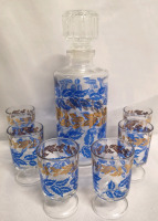 Luminarc "BLUE / GOLD LEAVES" France Decanter and Cordial Set