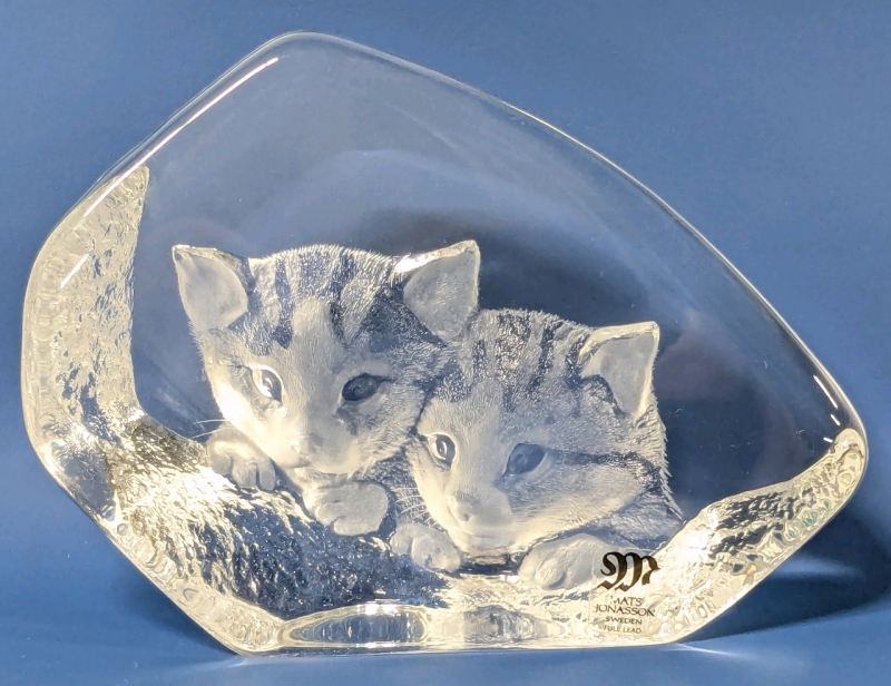 Adorable Mats Jonasson Sweden Full Lead Crystal Kittens Paperweight | 5" x 3.75" Tall