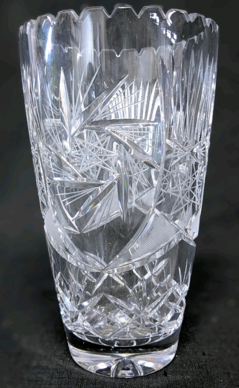 Large Vintage Bohemian Cut Crystal Pinwheel Sawtooth Edge Vase | 5.75" Diameter x 10" Tall
