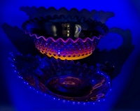 CADMIUM Amethyst Glass Hobnail Ruffled Bowl (7.5" x 3.25" Tall) & Unsigned Fostoria Ruby Red Glass Dish (5.6" x 7.5" x 2.25" Tall)