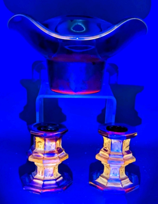 2 CADMIUM Ruby Red Glass Candlestick Holders (2.5" Tall) & CADMIUM Rim Ruby Red Glass Votive Candle Holder (6.5" x 6.4" x 3.75" Tall)