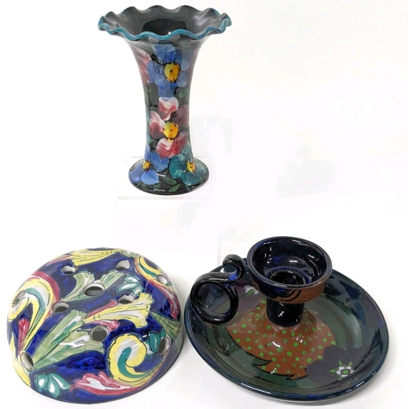 Handpainted Pottery | Decor England Candlestick Holder (6" Diam), Flower Frog (5.25" Diam) & Signed Vase (5.5" Tall)