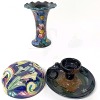 Handpainted Pottery | Decor England Candlestick Holder (6" Diam), Flower Frog (5.25" Diam) & Signed Vase (5.5" Tall)