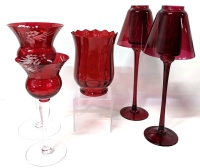 2 Lennox Red Cut to Clear Glass Holly Votive Holders, 2 Long Stem Votive Holders w Plastic Shades & Elements Flash Glass Tulip Vase | Up to 11.5" Tall