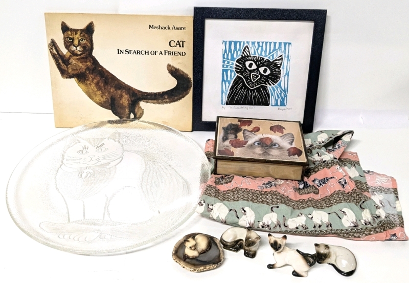 CATS CATS CATS | Framed Lino Block Print, Softcover Book, Clear Glass Plate, Apron, Slag Glass Trinket Box & 4 Small Siamese Cat Figures