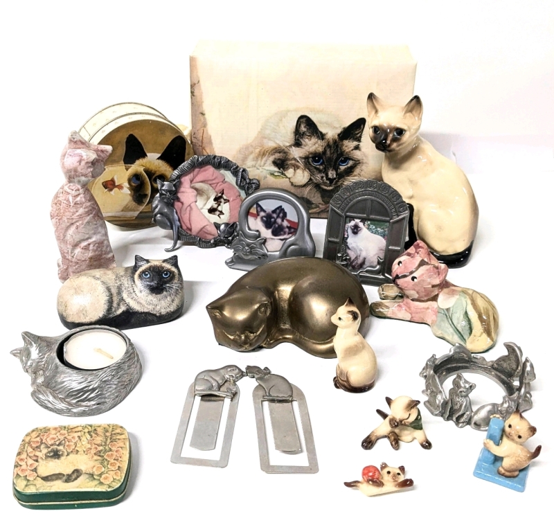 CATS CATS CATS | Hagen Renaker Porcelain Figures, Pewter Picture Frames, Seagull Pewter Candle Holders, Carved Stone Figure, Signed Painted "Pet" Rock, Brass Figure + | Up to 5" Tall