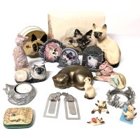 CATS CATS CATS | Hagen Renaker Porcelain Figures, Pewter Picture Frames, Seagull Pewter Candle Holders, Carved Stone Figure, Signed Painted "Pet" Rock, Brass Figure + | Up to 5" Tall
