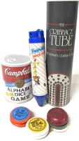 1965 PEANUTS Pencil Case w Contents, 3 YO-YO (1 Duncan, 2 PEZ), New "The Cribbage Tube" & Campbell's Alphabet Dice Crossword Game (Complete) | Tube 11.5" Tall