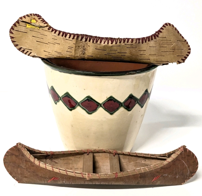 Large Ceramic Planter & 2 Small Birch Bark Canoes (1 Souvenir) | Planter | 9.6" Diameter x 8.25" Tall