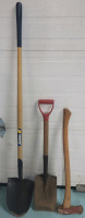 Outdoor Yard & Garden Lot . Two (2) Shovels & Two-Handed Axe