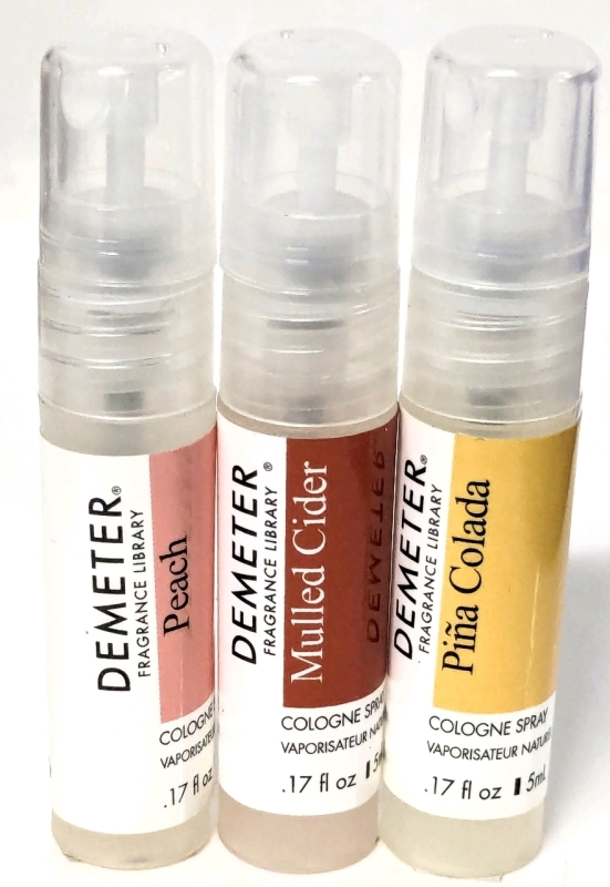 2 New Demeter Fragrance Library Mini Purse Cologne Sprays | Peach, Mulled Cider & Pīna Colada | 5ml ea