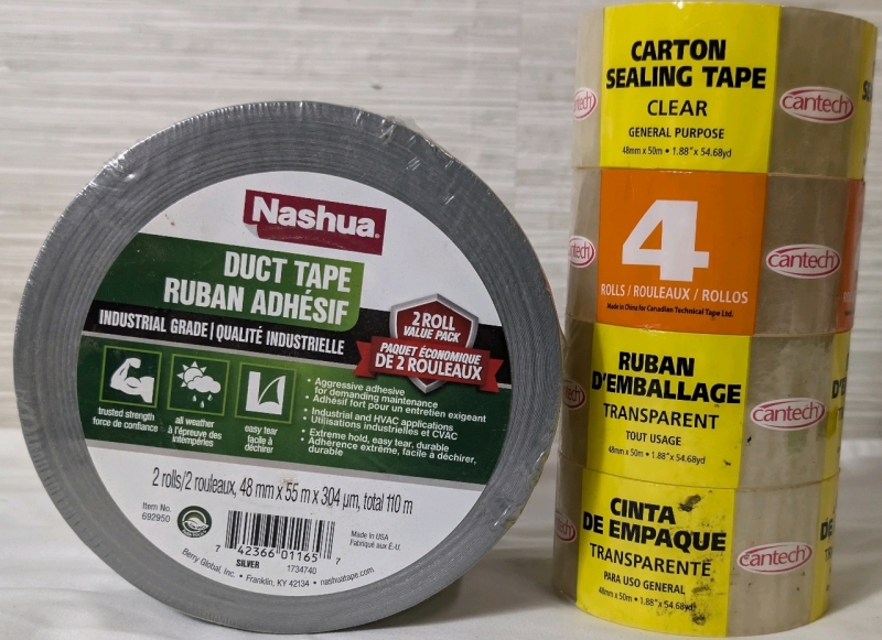 NEW Nashua Duct Tape 2 Rolls & Cantech Carton Sealing Clear Tape 4 Rolls Lot