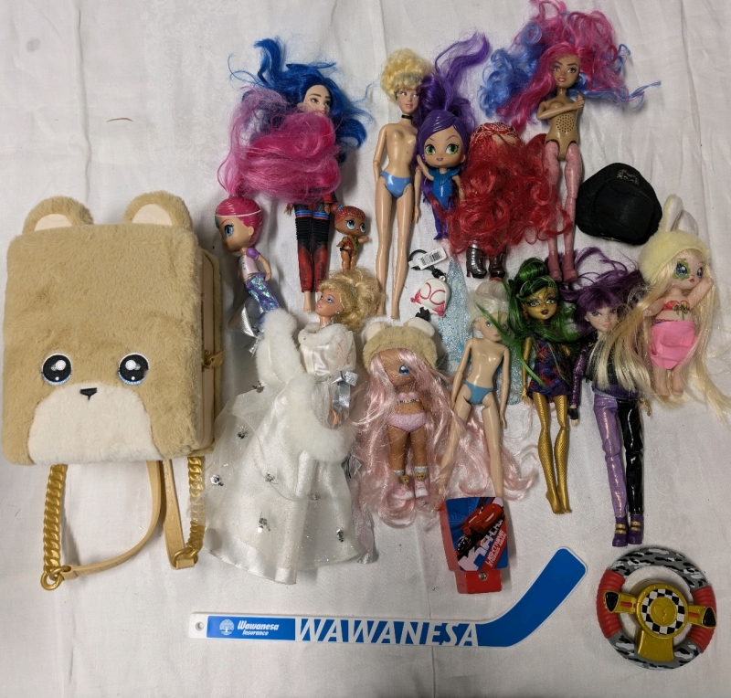 Lot Of Assorted Toys Dolls, Mini Hockey Stick, Night Light, Playhouse Backpack