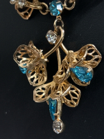 Vintage Filigree Blue Topaz Clear Rhinestone Necklace One of a Kind Special Beautiful Art Nouveau