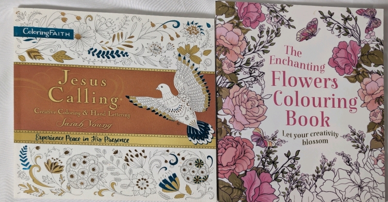 2 adult Colouring Books Jesus Calling Creative Coloring & Hand Kettering, The Enchanting Flowers Colouring Book *Jesus Calling One Page Coloured*