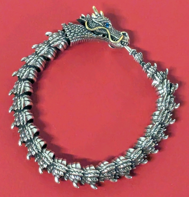 Absolutely Fantastic Articulated Asiatic Dragon Bracelet Silver Tone w Gold Tone Details & Blue Rhinestone Eyes | 9.5" Long