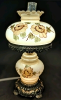 1972 EF & EF Industries Handpainted Milk Glass Hurricane Lamp No. 537X w Cream & Chocolate Roses | 21" Tall